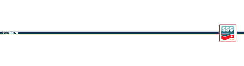 Grafisches Trenner-Element der Schweizerischen Seefahrtschule mit Text Proficient auf blauem Balken und rechts SSS Logo