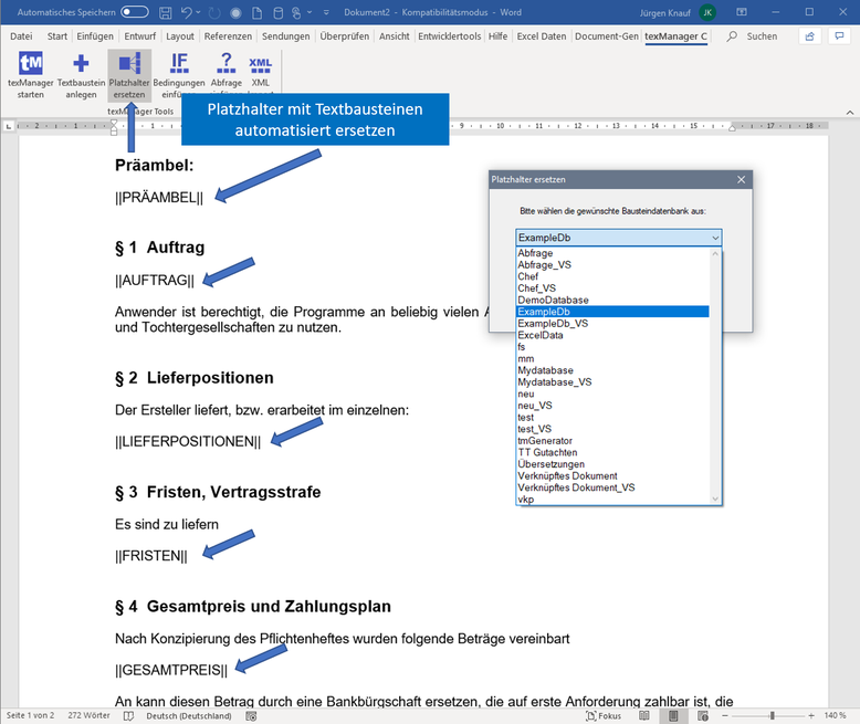 Textbausteine global ersetzen