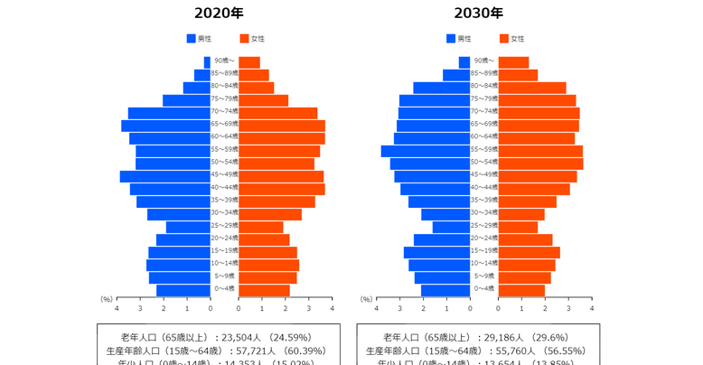 印西市の人口ピラミッド、２０２０年と２０３０年の比較