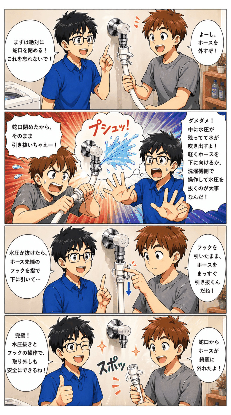 洗濯機給水ホース・排水ホースの取り外し方手順。水抜きのやり方とホースの取り外し手順