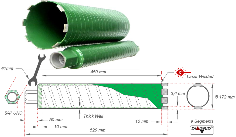 EHDDRLW172 droogboor D172 - L450 - T3.4 - W10.0 - 5/4UNC - Dry Core Drill - Diagrid segments