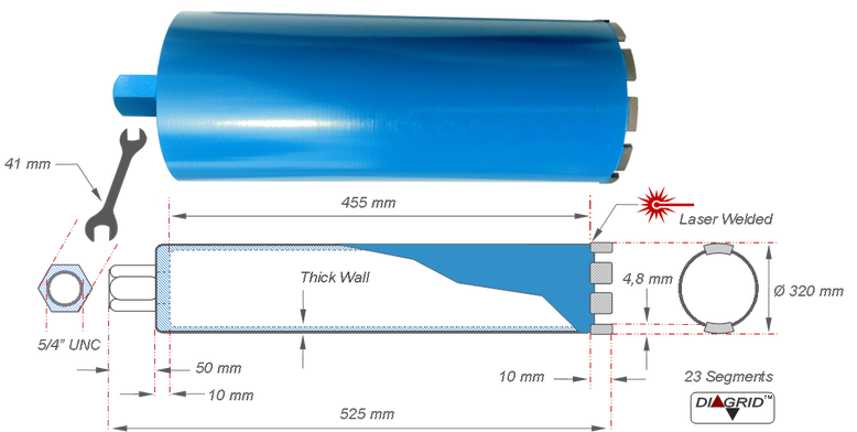 kernboor voor gebruik op Bosch GDB 350 WE Diamantboormachine in combinatie met pkf statieven kan deze boor 320 mm gaten boren in gewapend beton