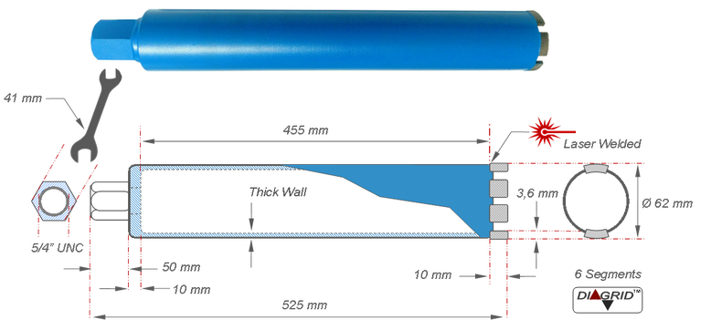 kernboor met 1 en 1 kwart aansluiting met een doormeter van 62 mm soortgelijke boor als SL-Solution SL-54 450 0062 Laser kernboor