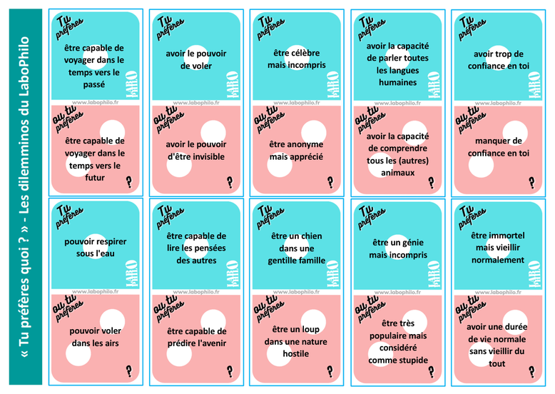 Philosophie pour enfants. Tu préfères. Dilemmes. Jeu de réflexion. PDF gratuit. Jeu philo gratuit. LaboPhilo formation en philosophie pour enfants.