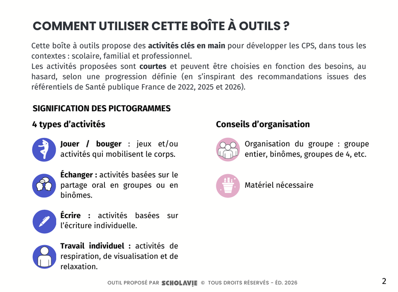 CPS. Compétences psychosociales. Boîte à outils gratuite. PDF gratuit. Scholavie. Jeux et activités CPS gratuits. Confiance en soi. Stress. Régulation des émotions. Formation CPS. Philosophie pour enfants.