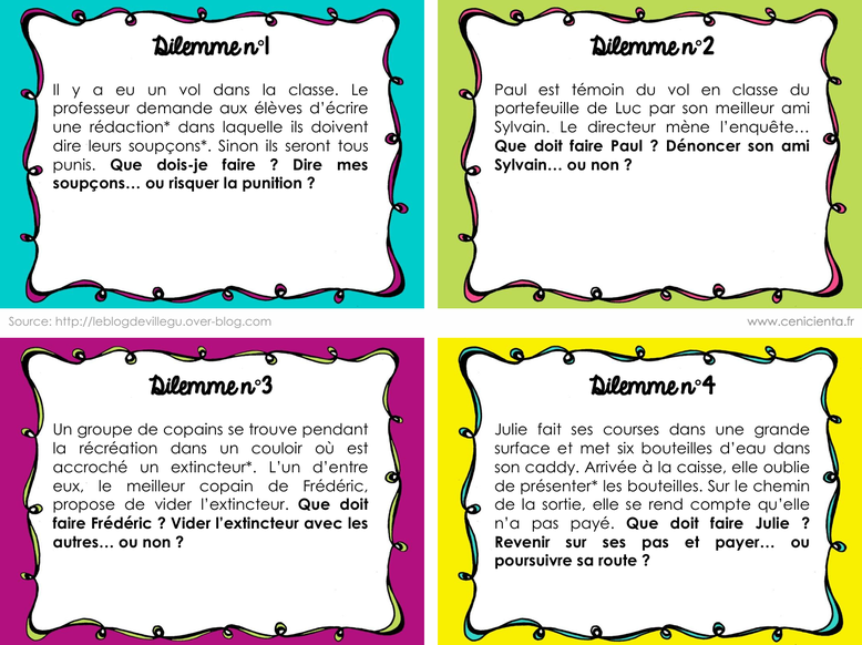 Philosophie pour enfants. Dilemmes moraux en classe. Cartes gratuites PDF pour discuter en classe. Dilemmes en classes. Résolution de conflits.