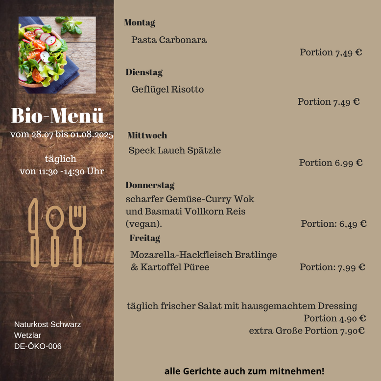 Bio-Menükarte bei Naturkost Schwarz in Wetzlar