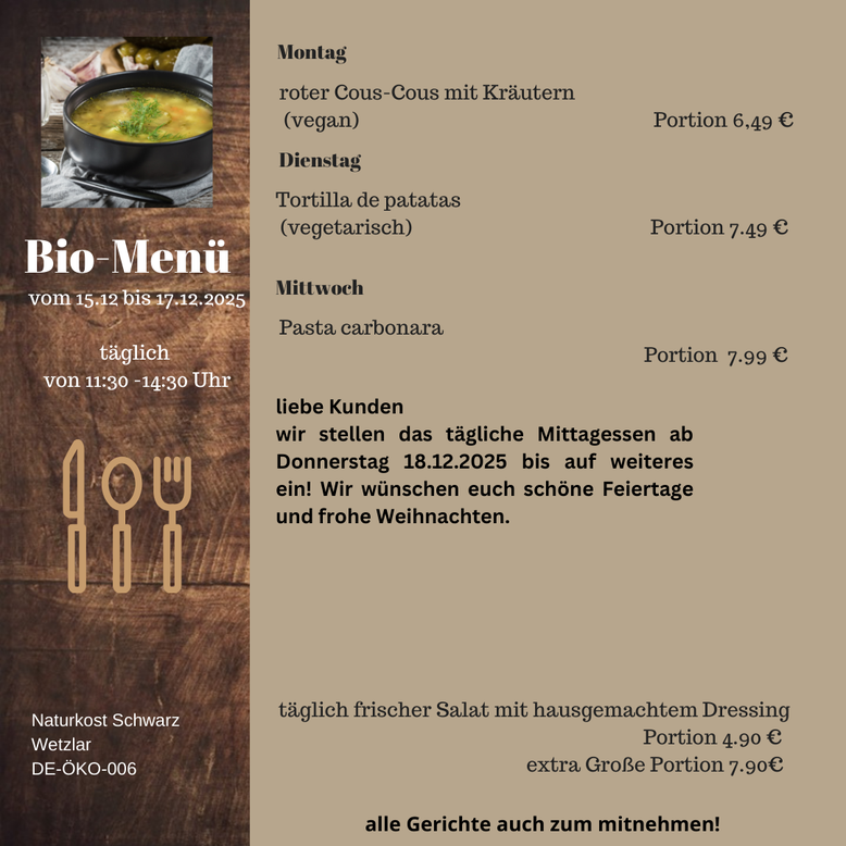 Bio-Menükarte bei Naturkost Schwarz in Wetzlar