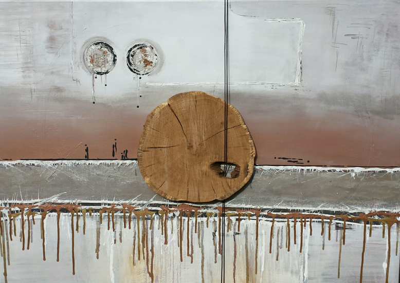 "Natur trifft Kunst 1" - 70 x 100cm -  Acryl, Eichenholz (Eichenholzmanufaktur Hugo Kämpf ), Leder auf Leinwand - verkauft -                               