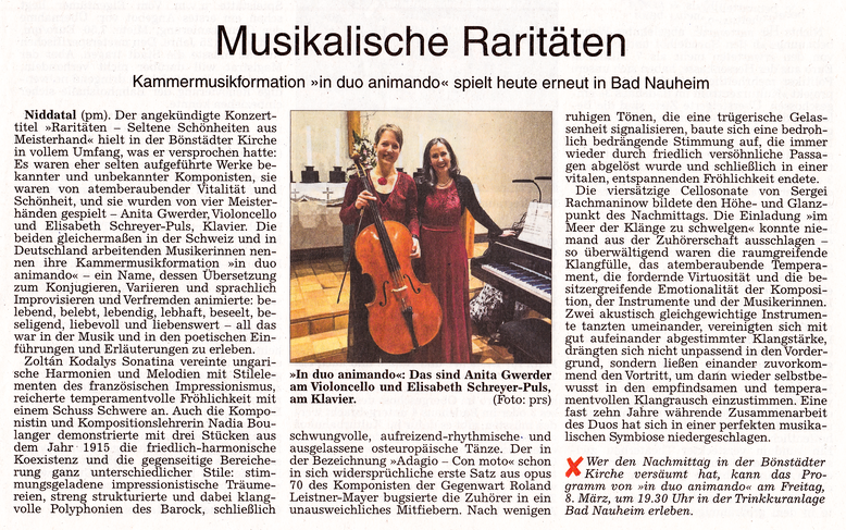 Musikalische Raritäten: Kammermusikformation "in duo animando" spielt heute erneut in Bad Nauheim. Zeitungsartigkel.