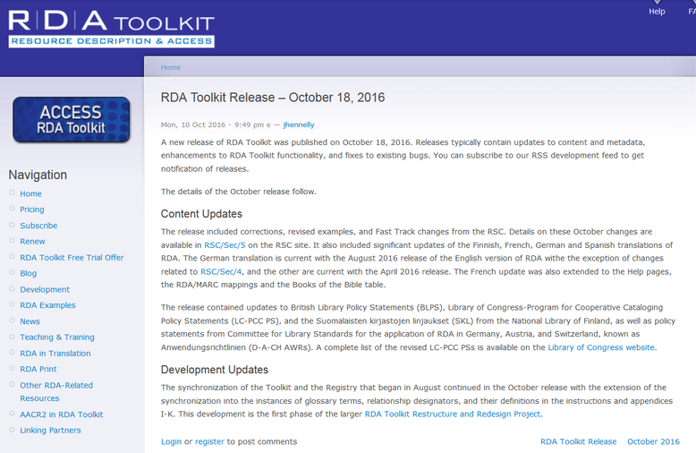Info zum Release vom Oktober 2016 auf der Website des RDA Toolkit