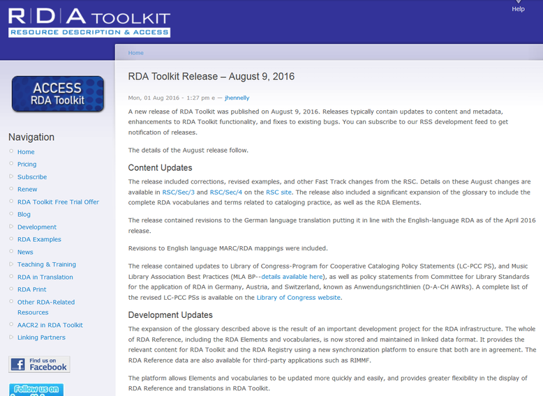 Infos zum August-Release auf der Website des RDA Toolkit