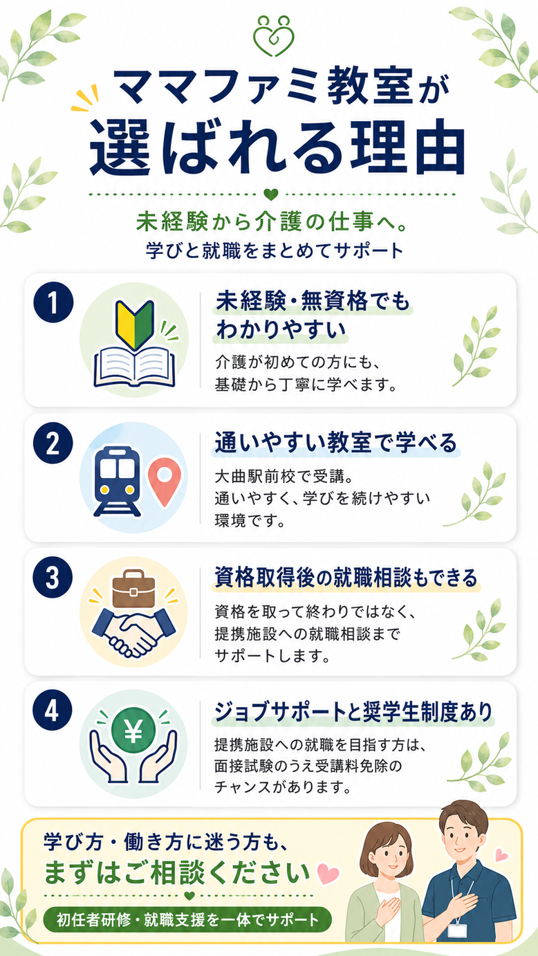 ママファミ介護教室の初任者研修通信課程が選ばれる理由