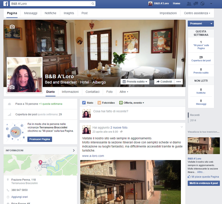 Pagina del social Facebook dell' Hotel B&B A-Loro - Loro Ciuffenna - Arezzo