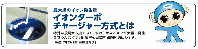 イオンターボチャージャー方式とは、特殊な放電の技術によりやわらかなイオンを大量に発生させる方式です。部屋中を自然の空間に演出します。