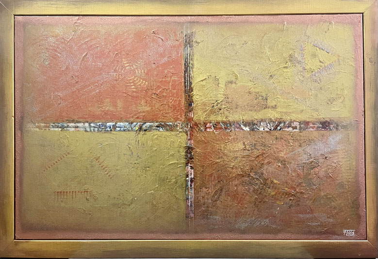 Abstraktes Gemälde „SOFFITTE“ von Andreas Alka alias „FLoYd“, 129 × 87 cm, Unikat von 12/2016, vier metallisch schimmernde Flächen mit zerriebenem Glas, inspiriert von der Theater-Soffitte, handgefertigter Holzrahmen.