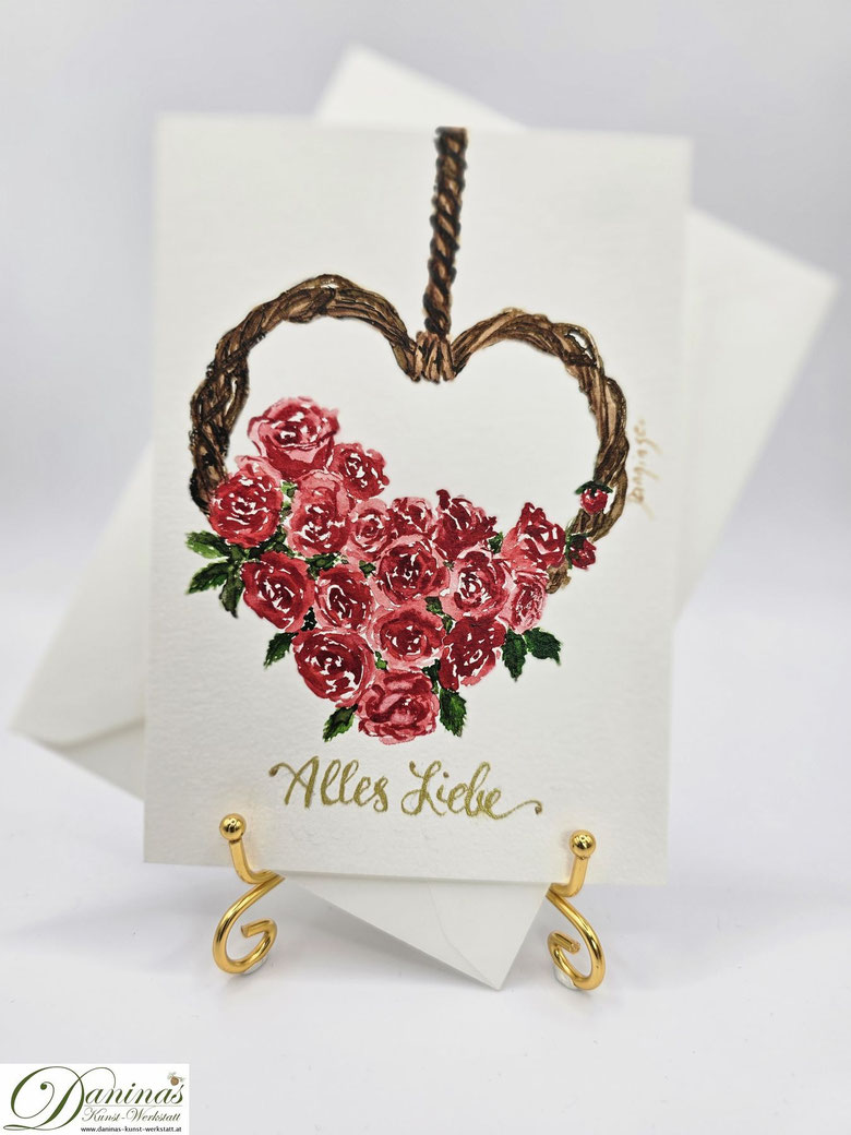 Muttertagskarte Aquarell Rote Rosen im Weidenherz mit "Alles-Liebe"-Handlettering