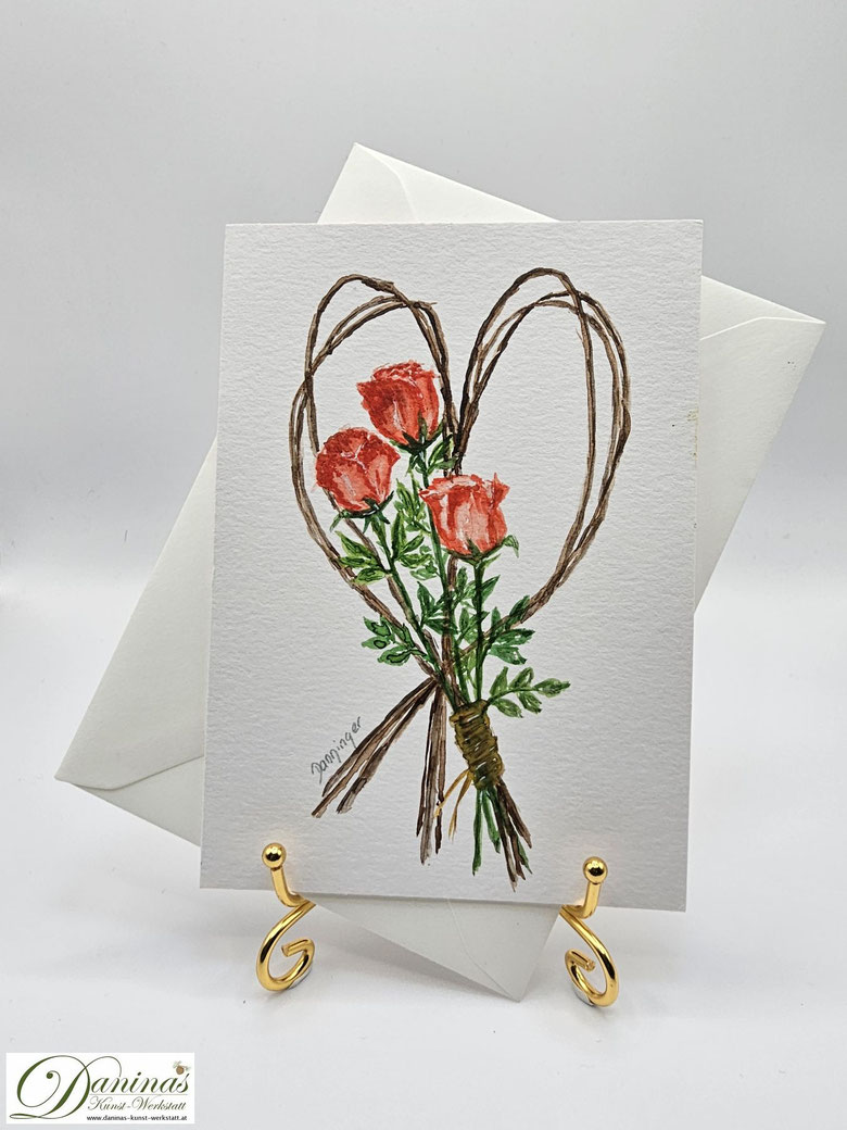 Muttertagskarte Aquarell Drei rote Rosen mit Weidenzweigen