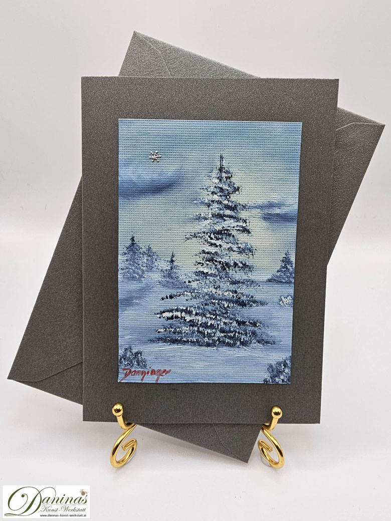 Gemalte Weihnachtsgrußkarte mit original Ölbild "Abend im Fichtenwald" für Weihnachtsgrüße geschäftlich