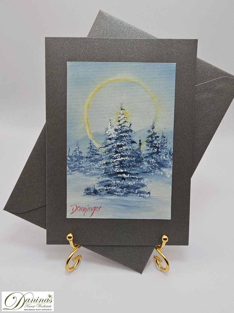 Weihnachtsgrußkarte handgemaltes Ölbild "Heilige Nacht im Wald"