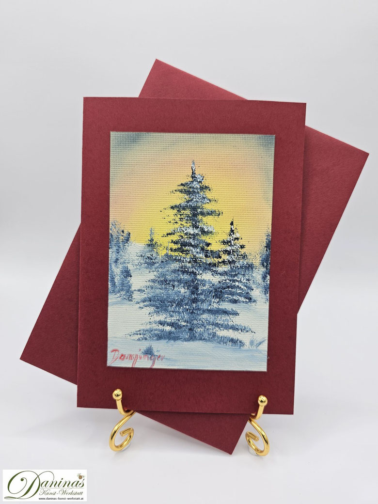 Handgemalte Weihnachtskarte mit original Ölbild "Morgenröte im Wald" für persönliche Weihnachtsgrüße