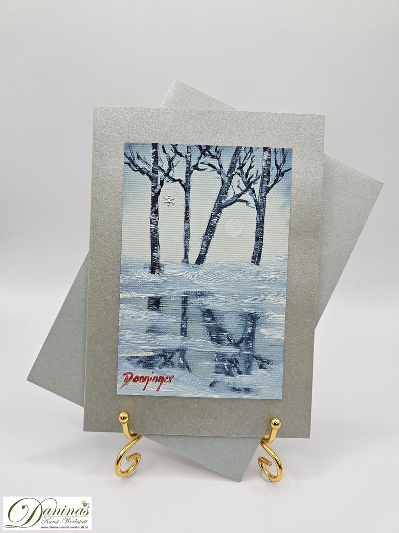 Besondere Weihnachtskarte mit original Ölbild "Birken" für herzliche Weihnachtsgrüße