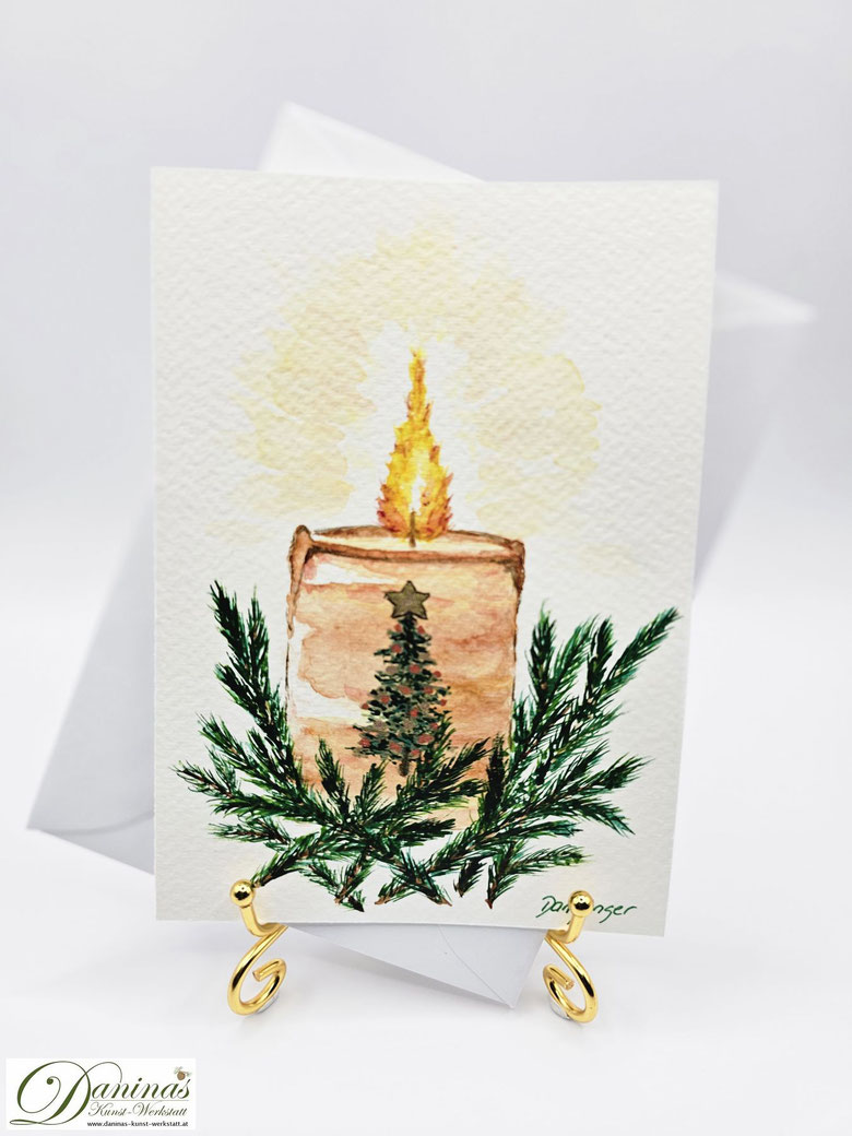 Aquarell Weihnachtskarte gemalt "Kerze mit Tannengrün" für herzliche Weihnachtsgrüße