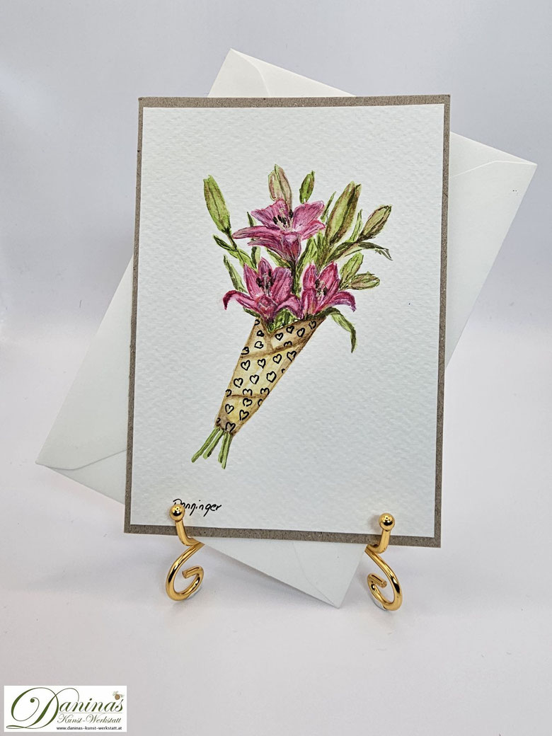 Muttertagskarte Aquarell Lilien im Papierstanitzel
