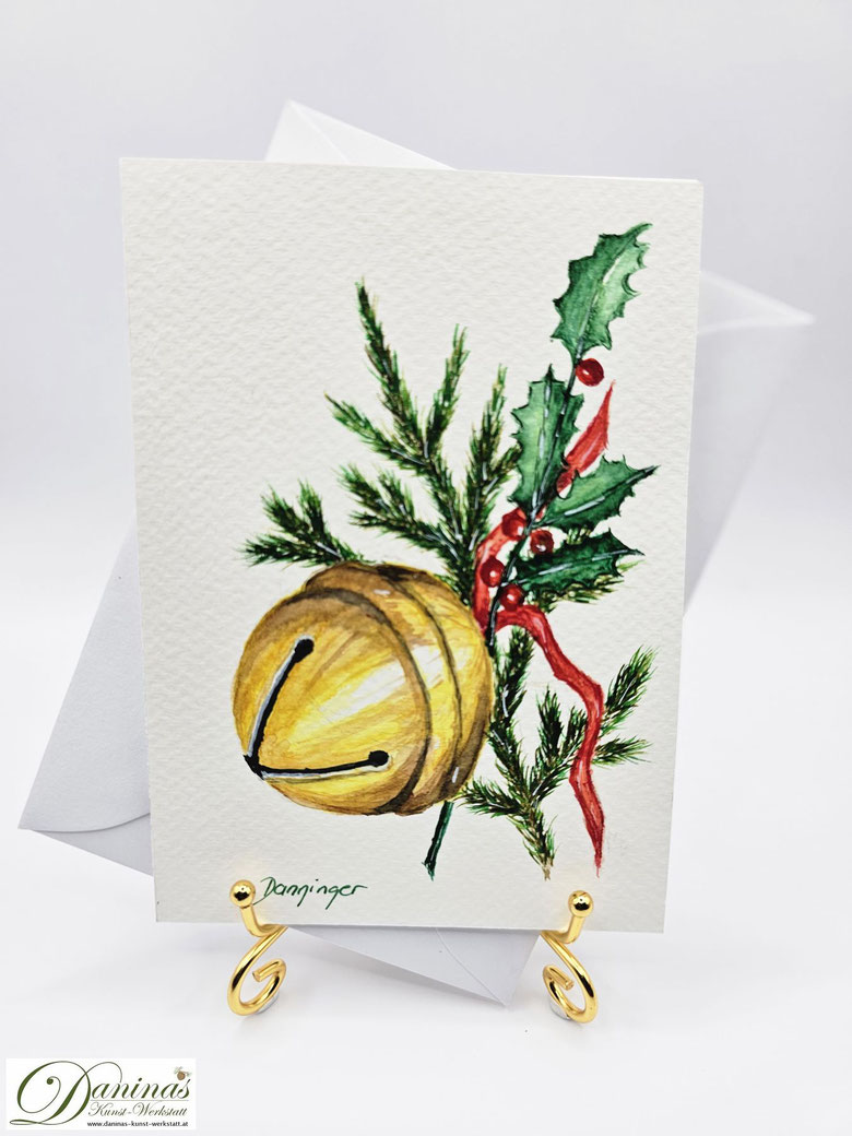 Außergewöhnliche Weihnachtskarte gemalt Aquarell "Schelle mit Winterzweigen"