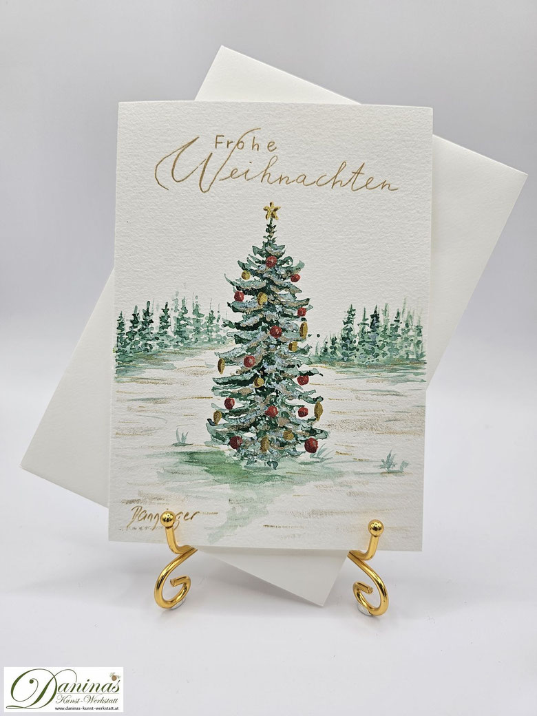 Außergewöhnliche Weihnachtskarte gemalt Winterlandschaft Baum mit glitzernden Kugeln