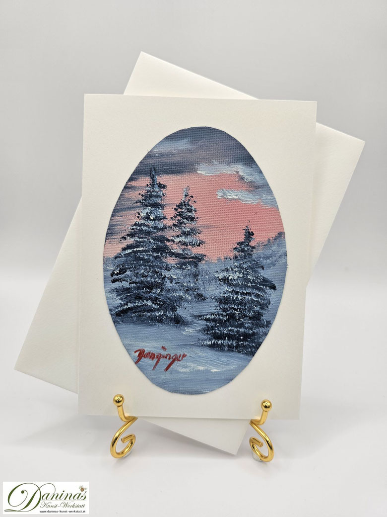 Außergewöhnliche Weihnachtskarte mit original Ölbild "Fichten im Abendrot" für besondere Weihnachtsgrüße