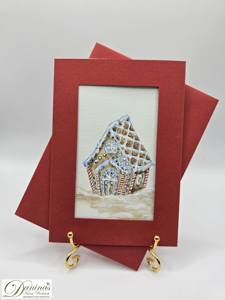 Außergewöhnliche Weihnachtskarte Aquarell "Lebkuchenhaus mit Zuckergußdeko" für herzliche Weihnachtsgrüße
