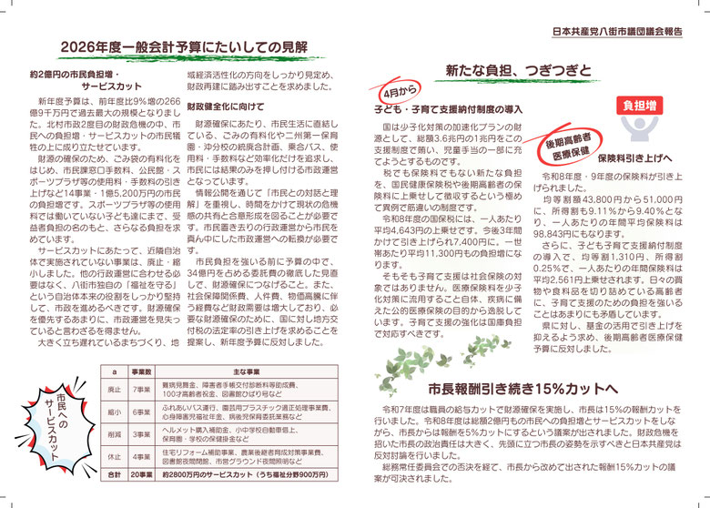 2026年度一般会計予算にたいしての見解　約2億円の市民負担増・サービスカット　財政健全化に向けて　新たな負担、つぎつぎと　4月から子供・子育て支援納付制度の導入　後期高齢者医療保険　保険料引き上げへ　市長報酬引き続き15％カットへ