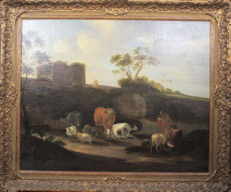 te_koop_aangeboden_een_landschaps_schilderij_met_vee_en_figuren_van_de_kunstschilder_dirck_van_bergen_1645-1699_oude_meesters