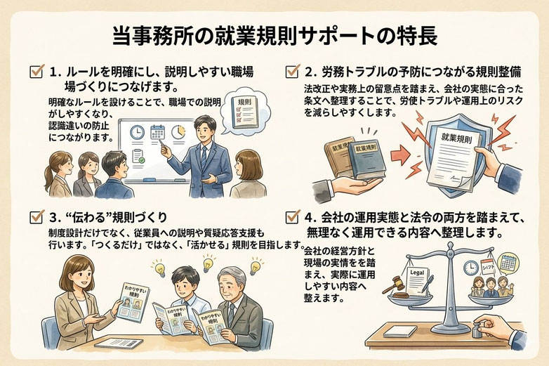 就業規則の作成・見直しについて、説明しやすい職場づくり、労務トラブル予防、伝わる規則づくり、実態に合った運用整理を案内する社会保険労務士事務所のイラスト。