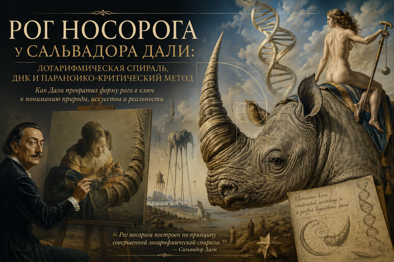 Аналитическая статья о роге носорога в творчестве Сальвадора Дали: логарифмическая спираль, связь с ДНК, параноико-критический метод и интерпретация Вермеера через «rhinocerotic principle». Разбор ключевых работ и идей художника 1950-х годов.