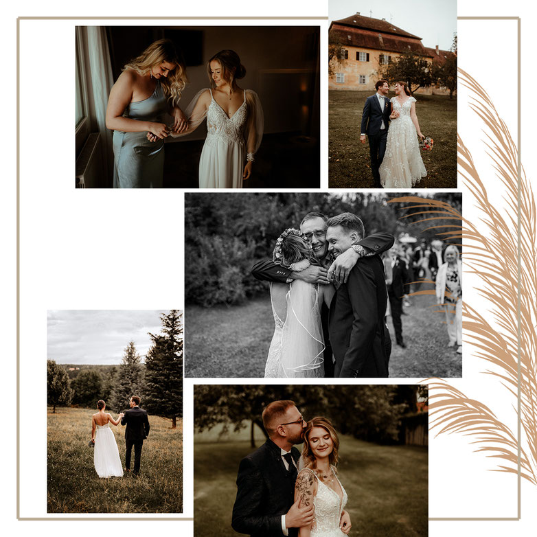 Verschiedenen Hochzeitsbilder, hängendes Brautkleid, Gratulation des Brautpaars, Brautpaarshooting, lachende Braut