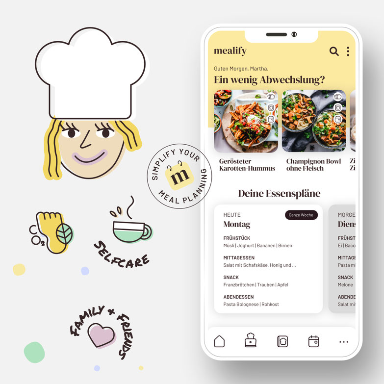 Illustrationen und Interface-Design einer Food-App auf Smartphone als Teil der Marken- und Produktgestaltung