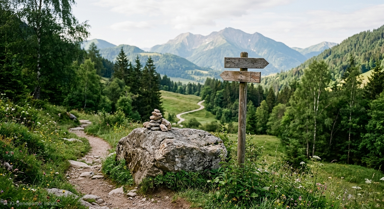 Landschaft mit Wanderweg in ruhiger Umgebung. Der Weg führt an einem kleinen Steinhaufen vorbei und wird von einem Wegweiser ergänzt. Die Szene vermittelt Orientierung und Struktur in einer natürlichen Landschaft.