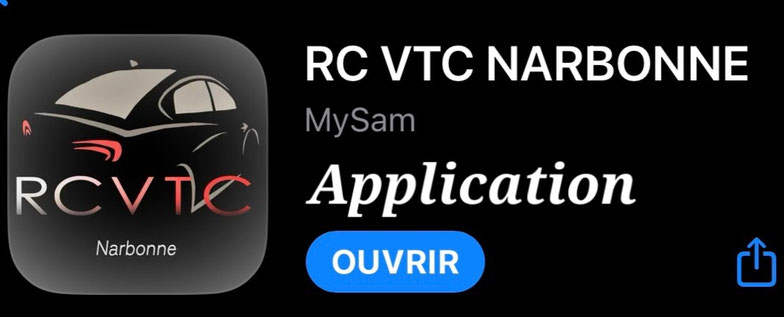 image du logo de RC VTC Narbonne qui représente le logo où l'on voit une voiture berline haut de gamme noir. Il y a écrit application disponible le tout sur fond droit plutôt élégant. 