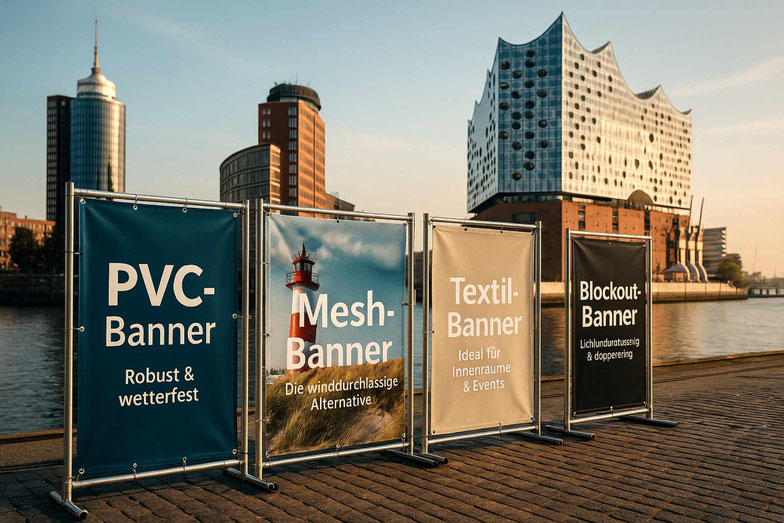 Großflächiger Werbebanner an Hamburger Fassade mit Firmenlogo
