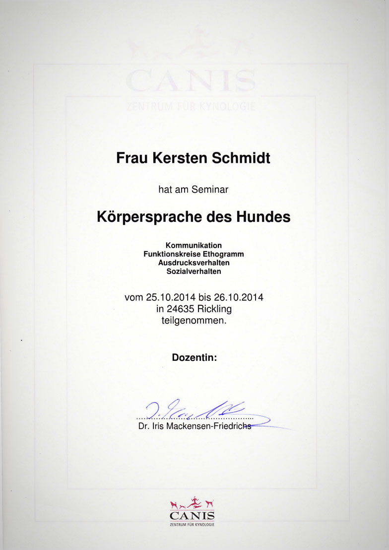 Zertifikat des CANIS Zentrum für Kynologie "Körpersprache des Hundes"