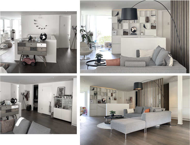Vorher-Nachher-Bild einer Wohnberatung in Zürich von aemilia-at-Home mit modernem Raumteiler und massgefertigtem Regal entworfen von Annette Lang-Hlavensky