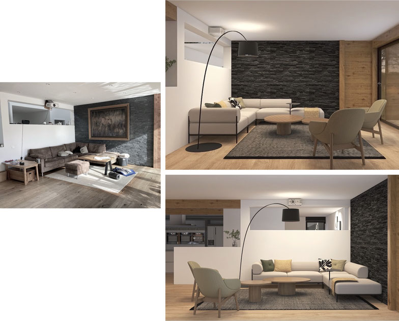 Einrichtungskonzept für ein modernes Wohnzimmer in Zürich mit Schieferwand und dem modularen Noah Sofa von Noah Living Vorher-Nachher-Vergleich der Raumgestaltung
