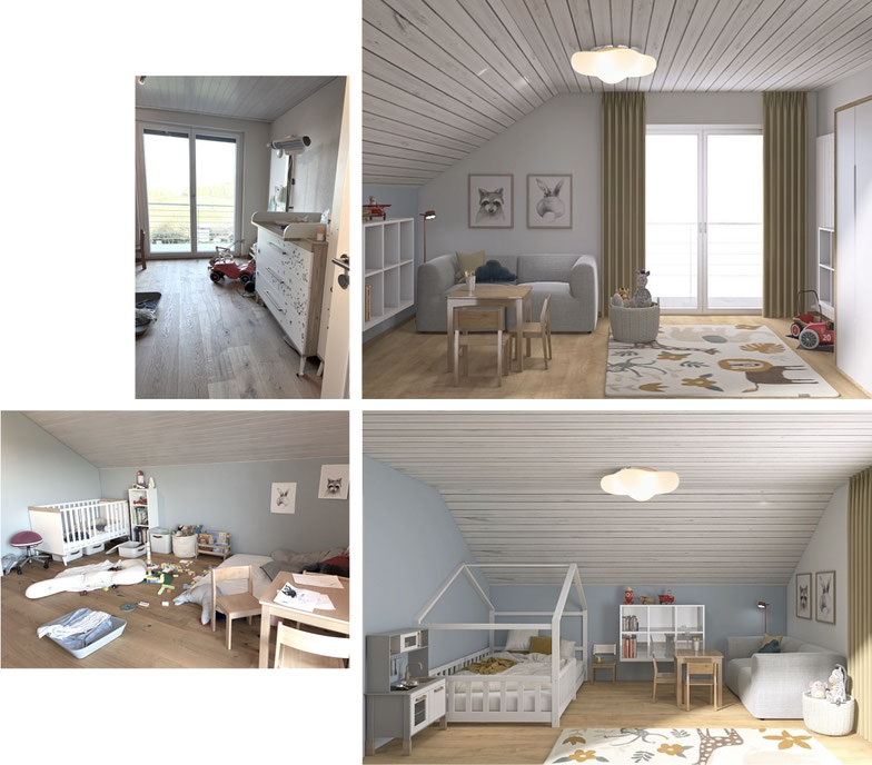3D-Visualisierung für ein skandinavisches Kinderzimmer unter einer Dachschräge im Kanton Basel – Vorher-Nachher-Vergleich mit weissem Hausbett, Kinderküche, Spielteppich und Wolkenlampe von aemilia interior