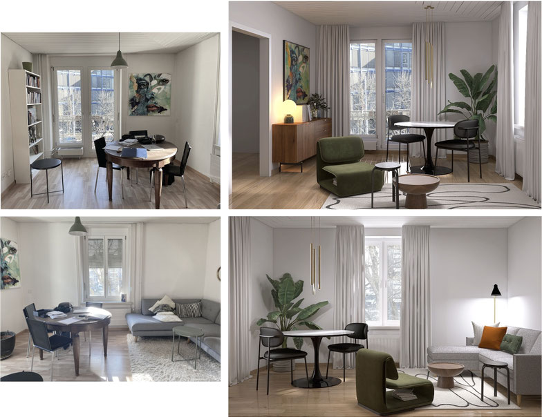 Modernes Einrichtungskonzept für ein kombiniertes Wohn- und Esszimmer in Zürich mit rundem Esstisch, stilvollem Sideboard und harmonischen Naturtoenen – Vorher-Nachher-Vergleich von aemilia interior