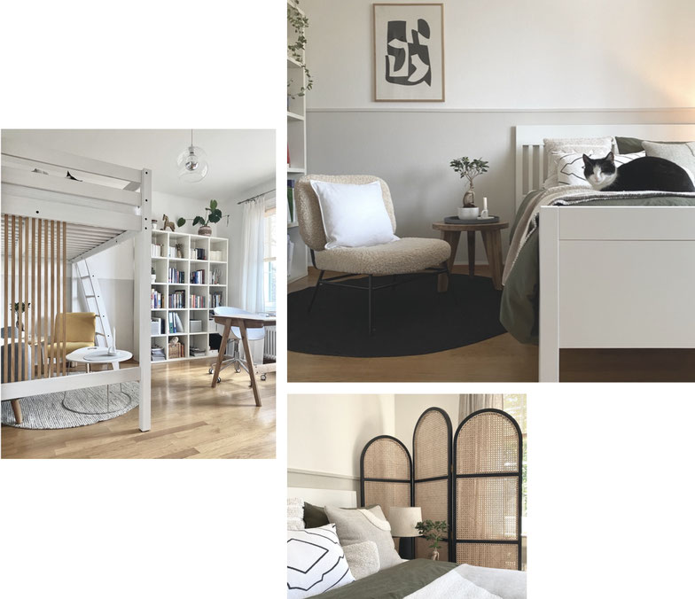 Harmonische Raumgestaltung für ein gemütliches Schlafzimmer in Zürich – Vorher-Nachher-Vergleich mit Bouclé-Sessel, Paravent aus Wiener Geflecht und stilvoller Wandgestaltung von aemilia interior