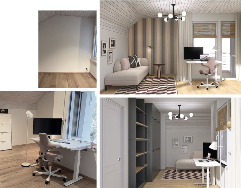 Einrichtungskonzept für ein modernes Homeoffice in Zürich mit Holzlamellen-Wand, ergonomischem Arbeitsplatz und Sofa – Vorher-Nachher-Vergleich von aemilia interior