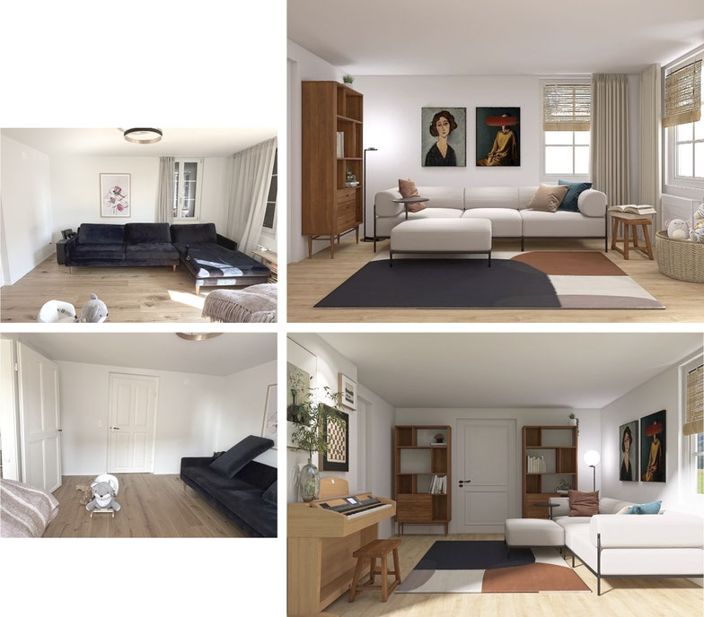 3D Visualisierung für ein Wohnzimmer im Mid-Century-Stil in Zürich Vorher-Nachher-Vergleich mit hellem Noah Sofa von Noah Living, geometrischem Teppich, Holzregalen, Klavier und ausdrucksstarker Wandkunst von aemilia interior und Annette Lang-Hlavensky