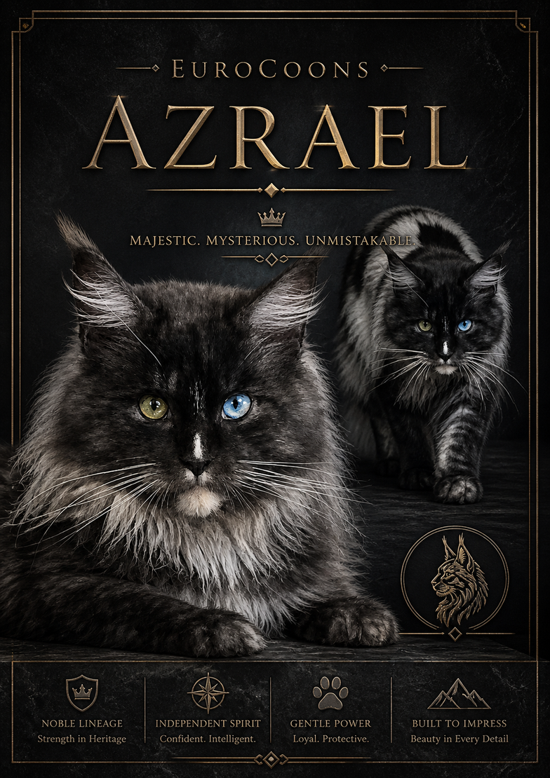 odd eyed black smoke maine coon Azrael of EuroCoons cattery in USA